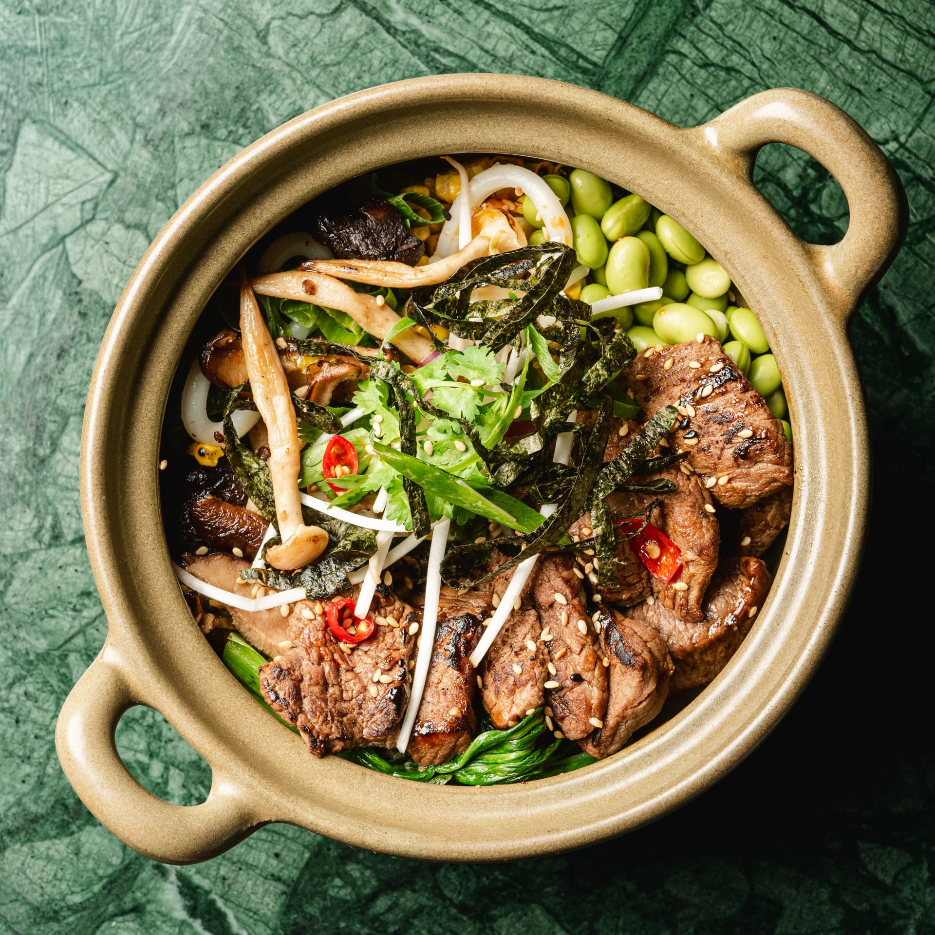 Ramen and pan-Asian bowl with grilled beef at Chunky Chau